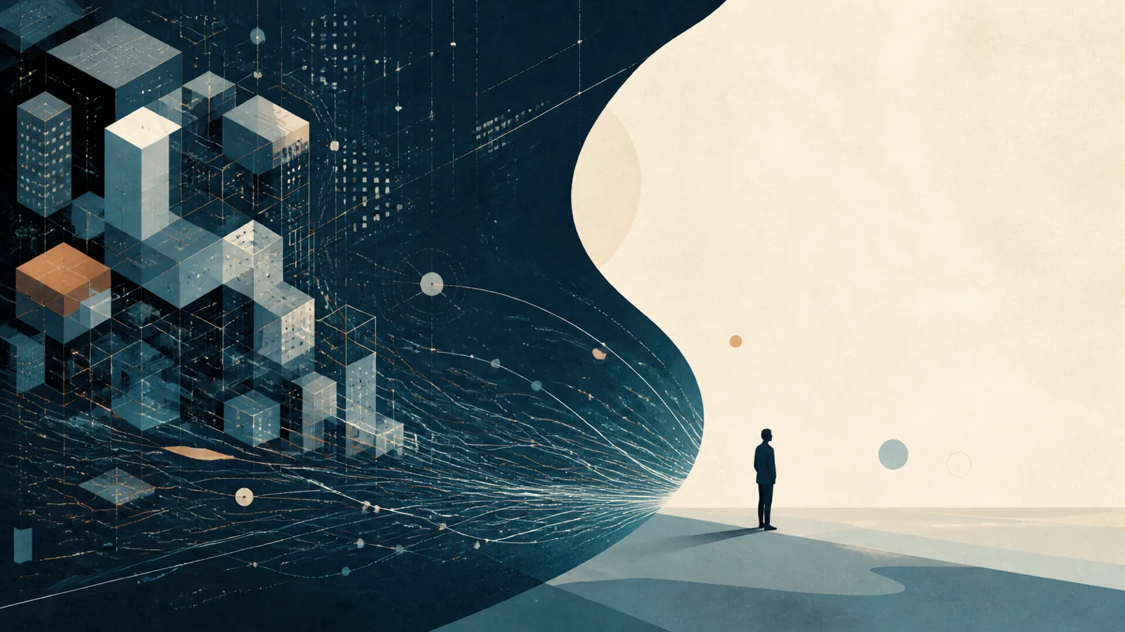 An abstract field of rising machine capability meets an open human space