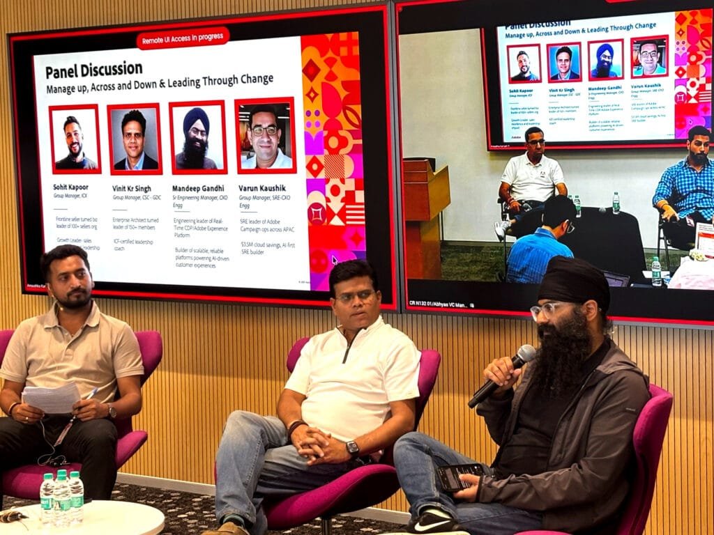 Panelists discussing leadership and management at Adobe’s new manager event.